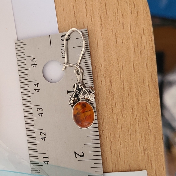 Vintage Sterling Silver Amber Cabochon Grapevine Leaf Boho Drop Dangle Earrings - Picture 5 of 5